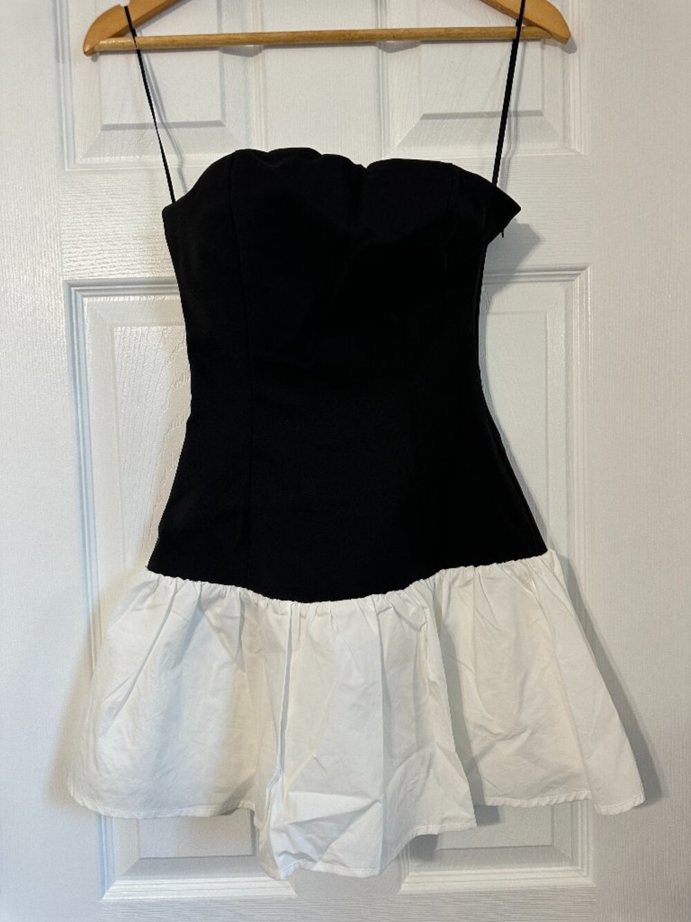 HEIRESS Black Strapless Mini Dress with White Hem